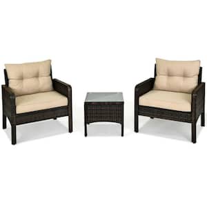 3-Pieces Outdoor Wicker Patio Conversation Furniture Set with Beige Cushion