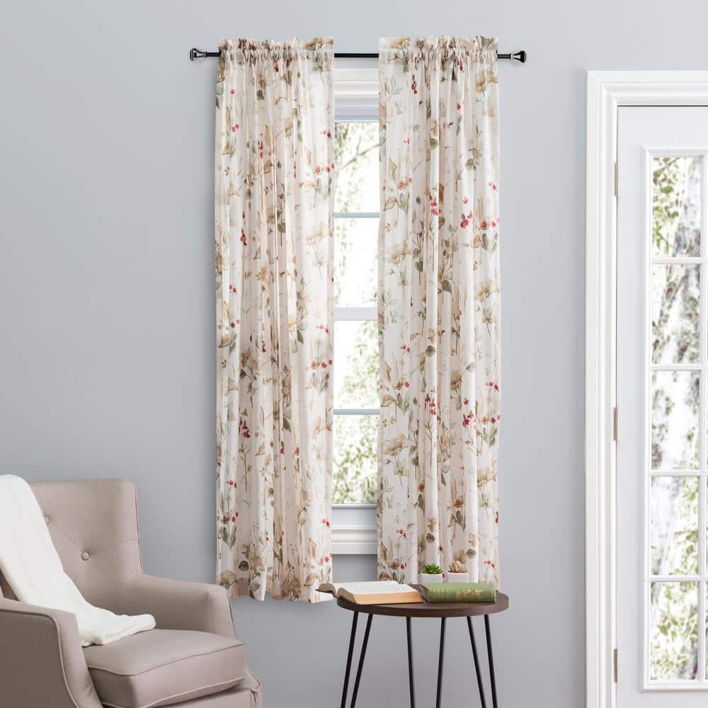 Sophia Floral Red and Beige Polyester Sheer Curtain Panel