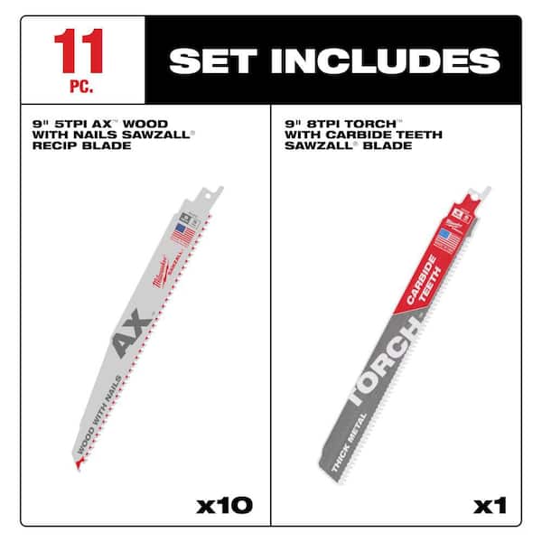 9 in. 5 TPI AX Nail-Embedded Wood Cutting SAWZALL Reciprocating Saw Blades (10-Pack) & 9 in. 8 TPI TORCH Carbide Blade