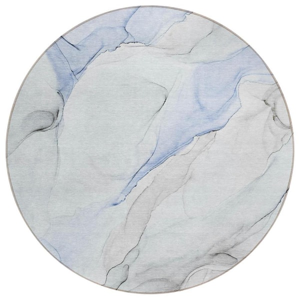 Ivory Blue and Gray 8 ft. Round Abstract Indoor / Outdoor Area Rug