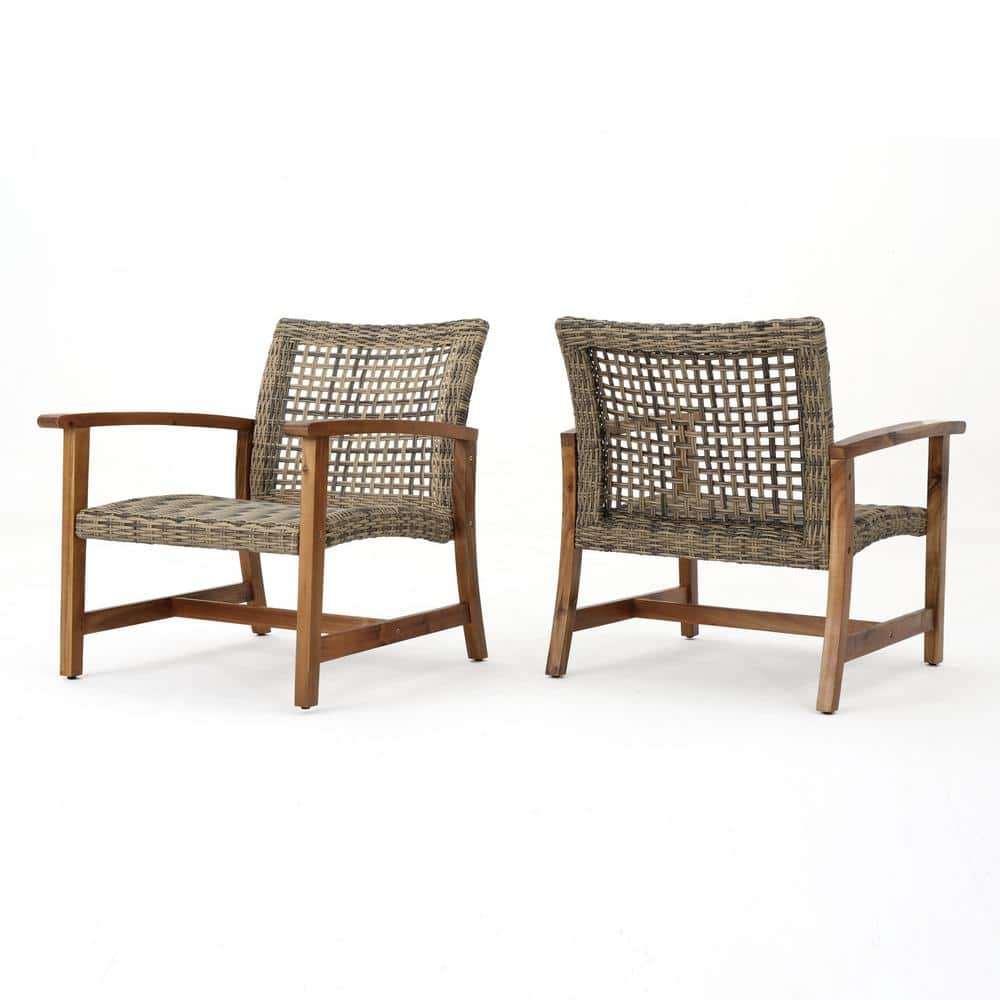 Natural Stained Gray Acacia Wood and Wicker Armchair Set