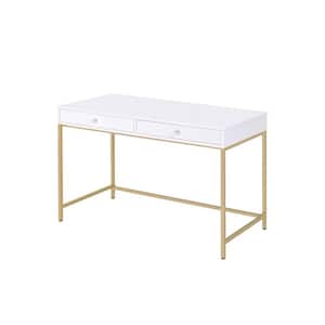 Ottey 20 in. Rectangular White High Gloss and Gold Metal 2-Drawer Writing Desks