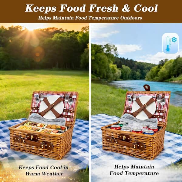 Numhew Natural Wicker 1-Piece Picnic Basket Set with Insulated