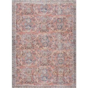 Urpi 9ft. X 12ft. Peach, Rose, Mustard, Aqua, Beige, Red  Floral Distressed Transitional Style Machine Washable Area Rug