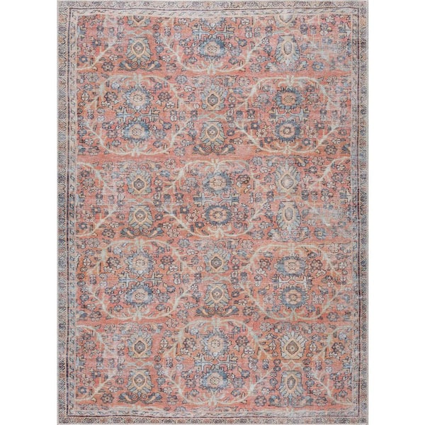 HAUTELOOM Urpi 9ft. X 12ft. Peach, Rose, Mustard, Aqua, Beige, Red  Floral Distressed Transitional Style Machine Washable Area Rug