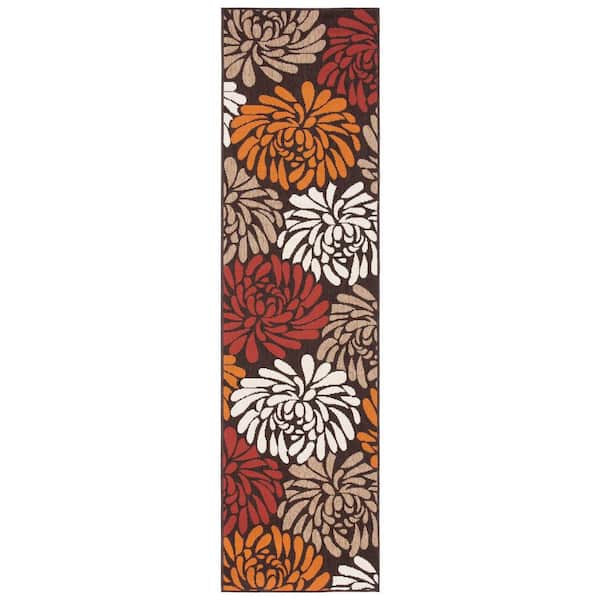 Veranda Chocolate/Terracotta 2 ft. x 8 ft. Abstract Floral Indoor/Outdoor Runner Rug