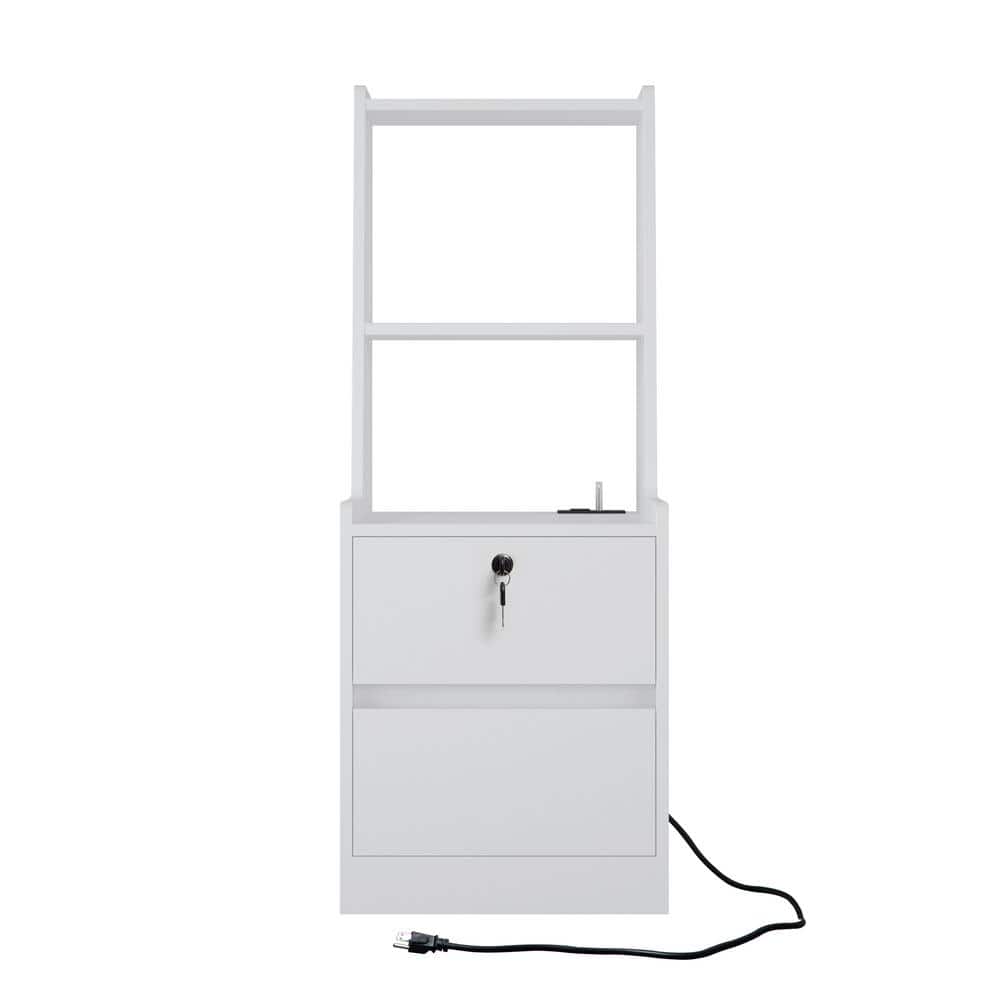 White 2 Drawer Nightstand with Charging Station, Modern Nightstand with Boo