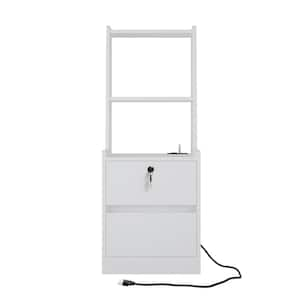 White 2 Drawer Nightstand with Charging Station, Modern Nightstand with Bookshelf