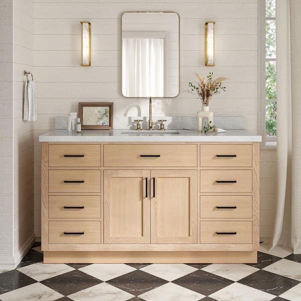 Hepburn 60 in. Single Sink Freestanding Bathroom Vanity in Oak with Carrara White Marble Top