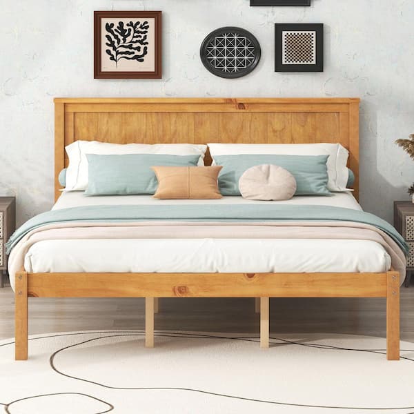 Qualler Oak Brown Wood Frame Queen Size Platform Bed with Slats
