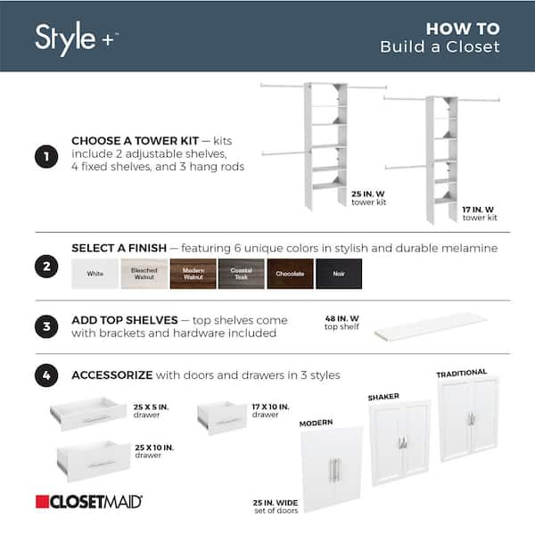 ClosetMaid Style+ 73.1 in W - 121.1 in W Coastal Teak Basic Wood Closet System Kit with Top Shelves and Modern Drawers