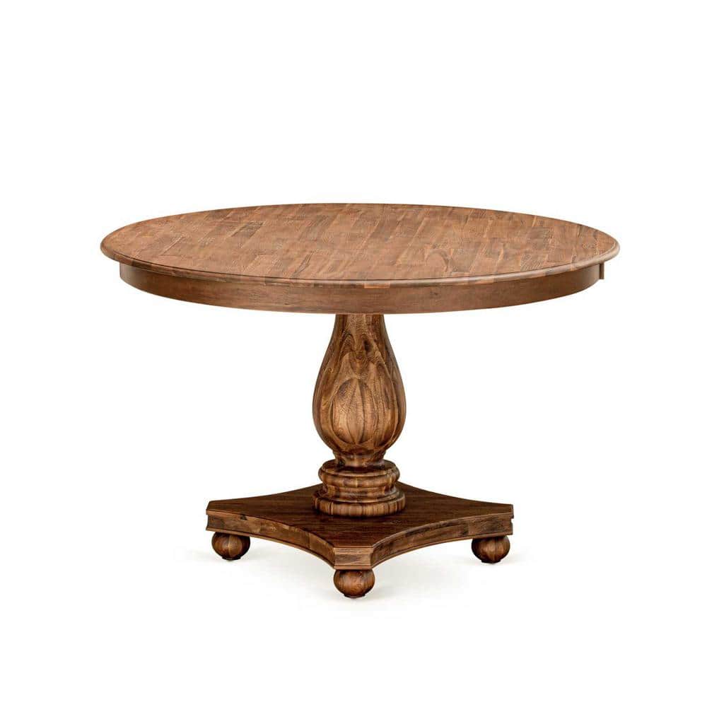 Antique Walnut 48" Round Pedestal Dining Table Set with 6 Light Tan Chairs