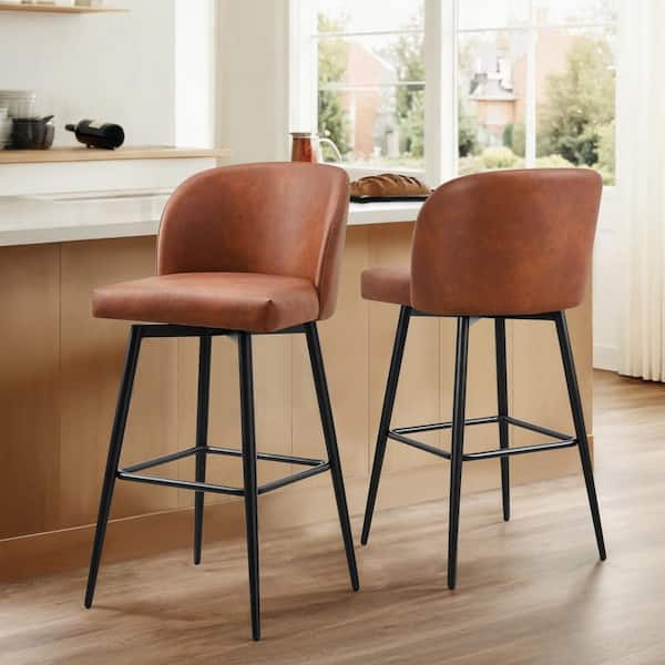 Spruce & Spring Cynthia 30 in. Reddish Brown High Back Metal Swivel Bar Stool with Faux Leather Seat (Set of 2)