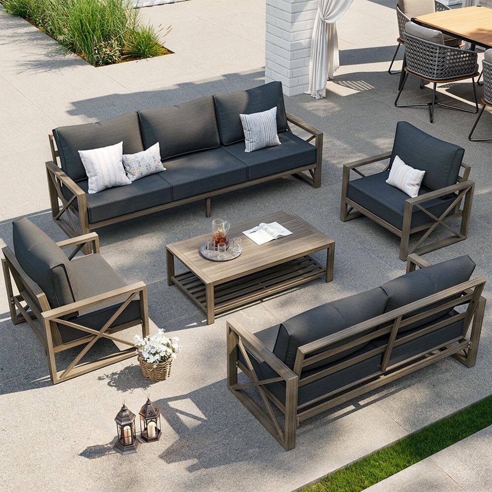 5-Pieces Aluminum Patio Conversation Sets with Coffee Table in Gray