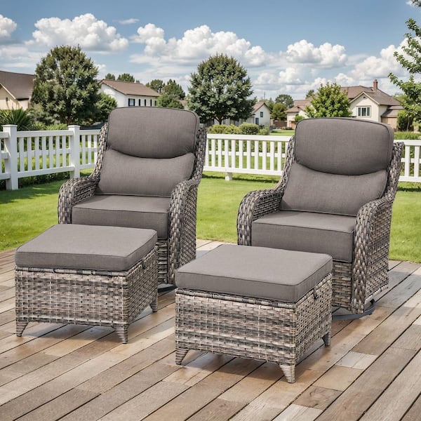 NovaSwivel 4-Piece Gray Wicker Outdoor Swivel Glider Patio Rocking Chair with 6 in. Thick Gray Cushions and Ottoman
