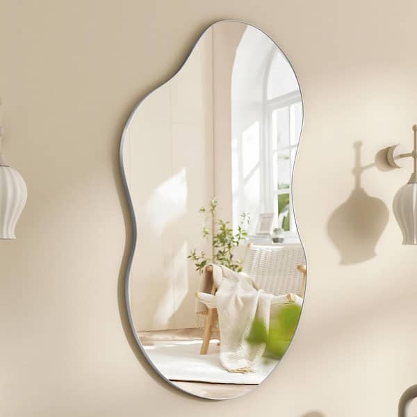 THKSHOUZ Silver 22 in. W x 36 in. H Irregular Metal Decorative Mirror
