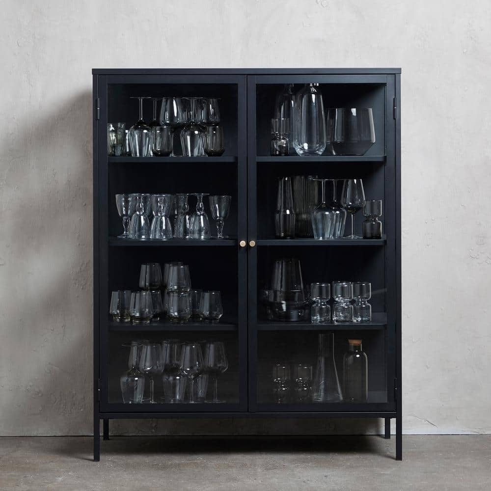 55" Black Metal and Glass China Cabinet with Brass Knobs
