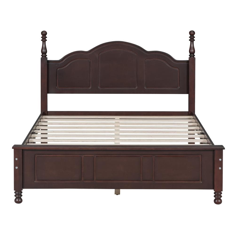 Full Size Dark Walnut Pine Wood Platform Bed with Headboard