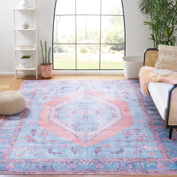 Serapi Light Blue/Beige 8 ft. x 10 ft. Machine Washable Medallion Distressed Area Rug