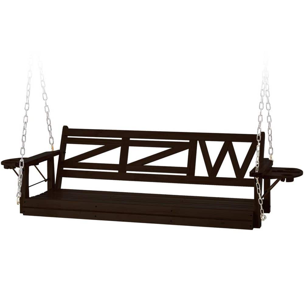 Dark Brown 3-Person Wood Porch Swing Hanging Swing with Foldable Cup Holders and Chains price history on PriceWatchPro