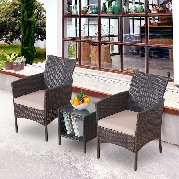 3-Piece Brown Wicker Patio Conversation Set with Khaki Cushions and a Table for Garden