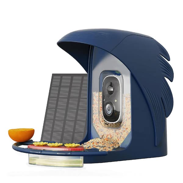 Navy Blue Plastic Solar Powered AI-Recognition Smart Bird Feeder with Camera