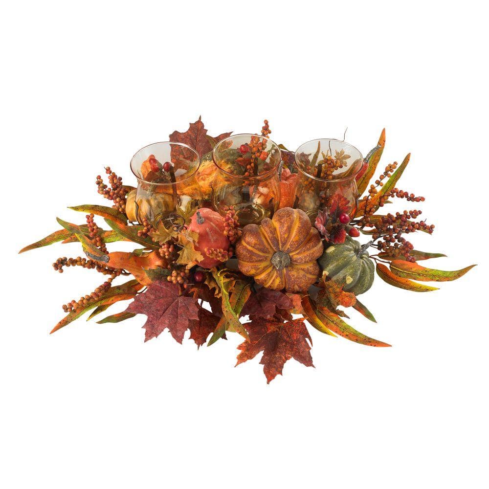 Harvest Triple Glass Candelabrum with Autumn Fruits and Foliage