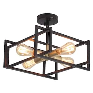 14.96 in. 4-Light Black and Gold Farmhouse Square Frame Semi-Flush Mount Ceiling Light Fixture with Metal Shade