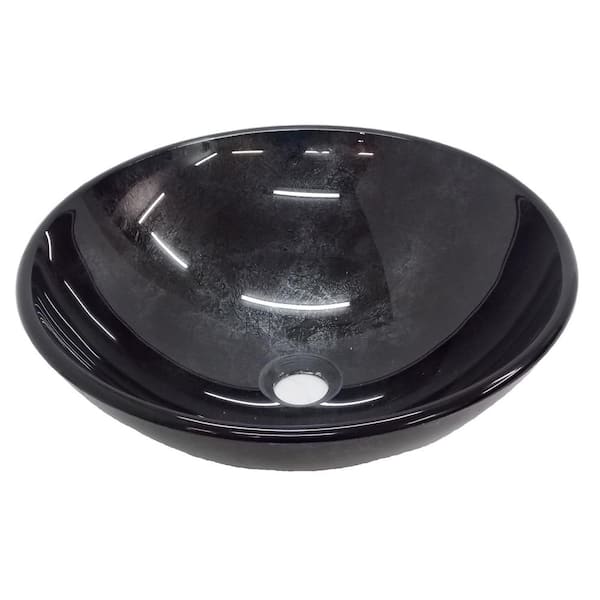 Eden Bath Reflections Glass Vessel Sink in Black with Pop-Up Drain and Mounting Ring in Oil Rubbed Bronze