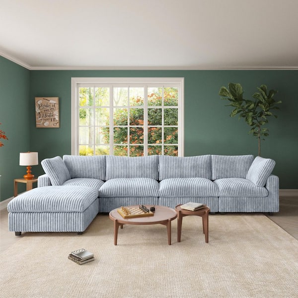 J&E Home Oversized 157.48 in. W Square Arm 5-piece Rabbit Velvet Plush Modular Sectional Sofa in Gray 5-Seater with Ottoman