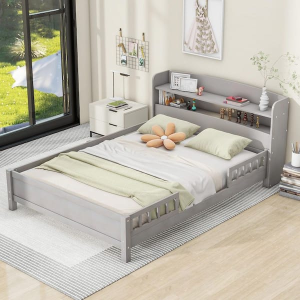 Antique Gray Wood Frame Full Size Platform Bed with Built-in LED Light,Storage Headboard and Guardrail