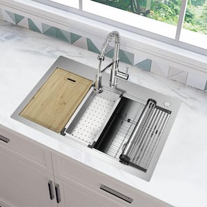 Professional Zero Radius 33 in. Drop-In Single Bowl 16 Gauge Stainless Steel Workstation Kitchen Sink with Accessories