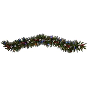 6 ft. Pre-Lit LED Snow Tipped Extra-Wide Artificial Christmas Garland with Pinecones, Berries and 100 Multi-Color Lights