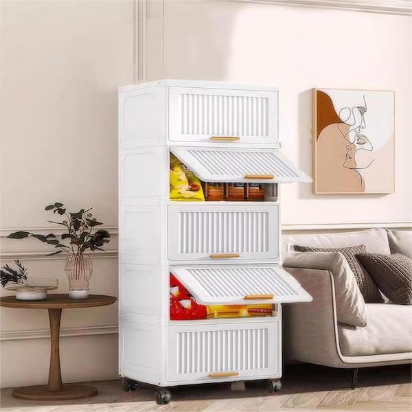 CSC DECOR INC 38 in. H Plastic Movable Storage Cabinet 4-Tier Flip Open Storage Box With Wheels Wardrobe Storage Box Kitchen Shelf