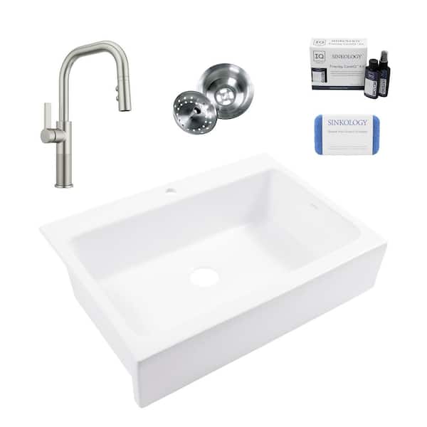 Josephine 34 in. 1-Hole Quick-Fit Farmhouse Apron Front Drop-in Single Bowl White Fireclay Kitchen Sink with Faucet Kit