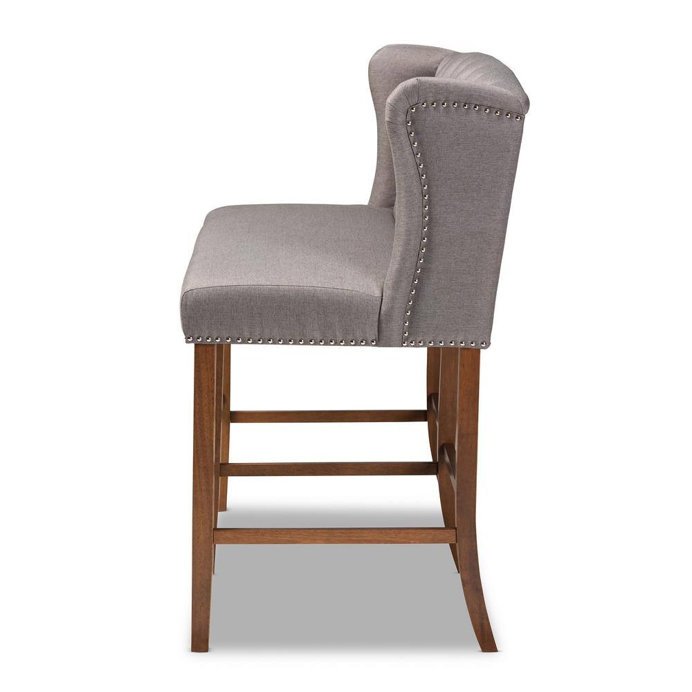 Gray Fabric Upholstered Walnut Wood Button Tufted Bar Stool Bench