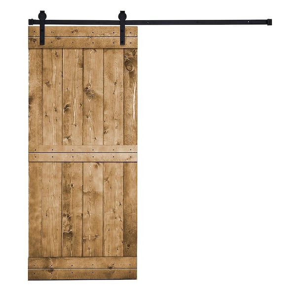 AIOPOP HOME Mid-Bar Series 30 in. x 84 in. Light Brown Stained Knotty Pine Wood DIY Sliding Barn Door with Hardware Kit