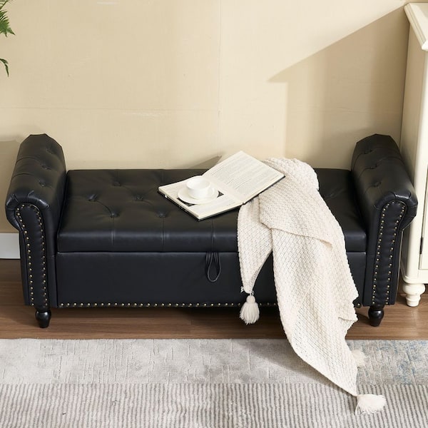 anpport Black PU 55.12 in. W Bedroom Bench with Storage