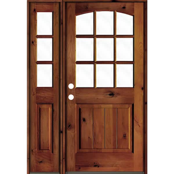 Krosswood Doors 46 in. x 80 in. Alder Right-Hand/Inswing 9-Lite Clear Glass Red Chestnut Stain Wood Prehung Front Door/Left Sidelite