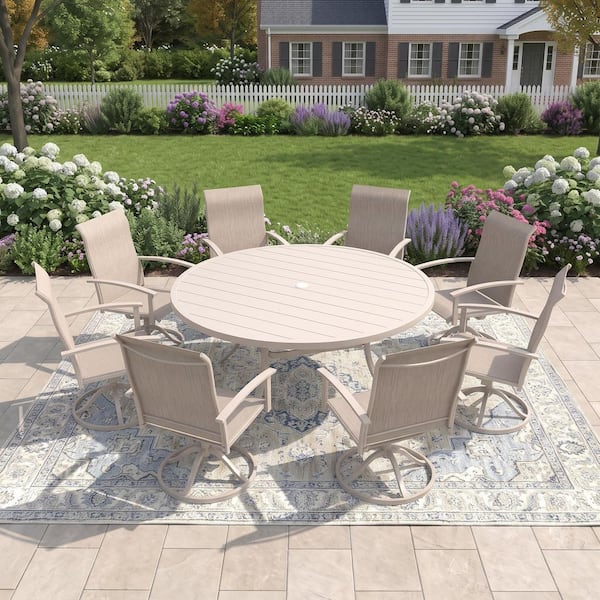 9-Piece Metal Outdoor Patio Dining Set with 60 in. Sandshell Round Table and 8 Sandshell Textilene Swivel Dining Chairs