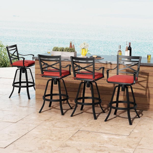 Swivel Aluminum Outdoor Bar Stool with Sunbrella Red Cushion (4-Pack)