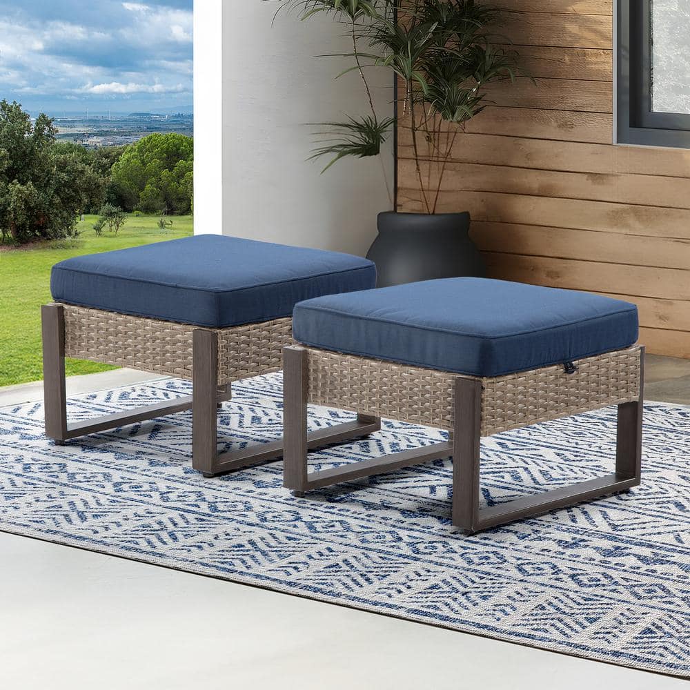 Gardenbee Wicker Outdoor Patio Ottoman with Steel Frame and Dark Blue Cushion Set of 2 M26 DKB HDGB The Home Depot