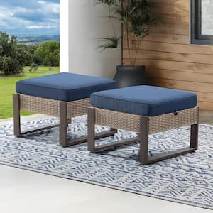 Wicker Outdoor Patio Ottoman with Steel Frame and Dark Blue Cushion (Set of 2)