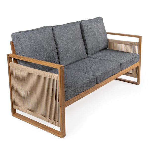 Gable 3-Seat Mid-Century Modern Roped Acacia Wood Outdoor Couch Sofa, Gray/Teak Brown with Cushions