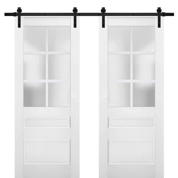 Sartodoors 28 in. x 80 in. 2 Panel Frosted Glass White Solid Wood Sliding Barn Door with Hardware Kit