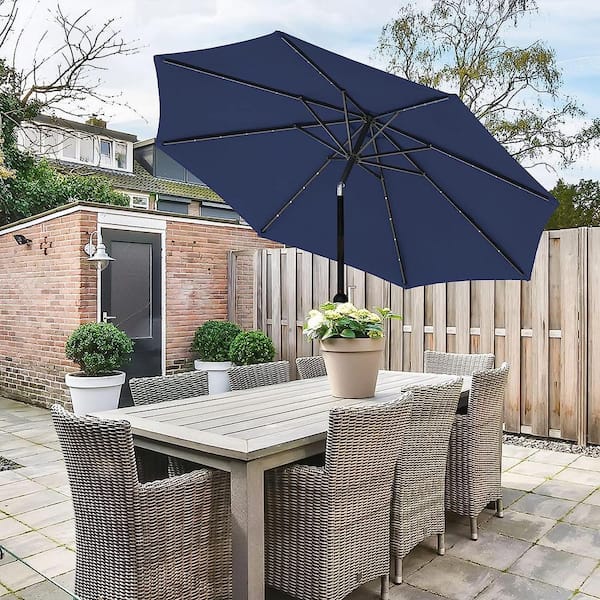 Unbranded 9 ft. Outdoor Market Patio Solar Umbrella with 32 LED Lighted, Push Button Tilt/Crank, for Garden, Deck, and Pool, Blue