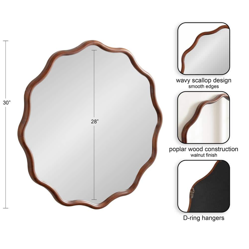 Walnut Brown 30" Round Scalloped Wood Vanity Mirror