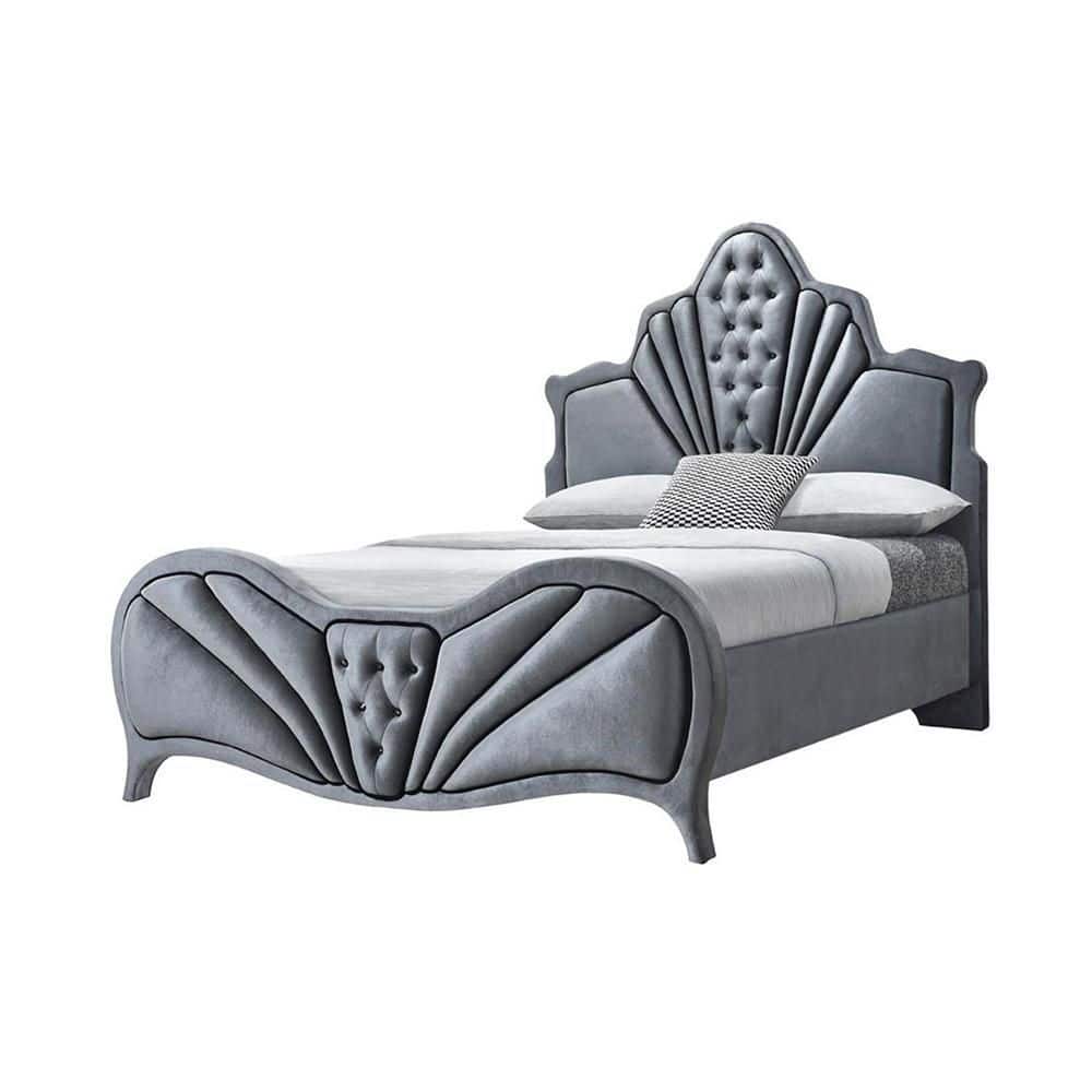 Gray Velvet Queen Platform Bed with Tufted Headboard and Storage Drawer
