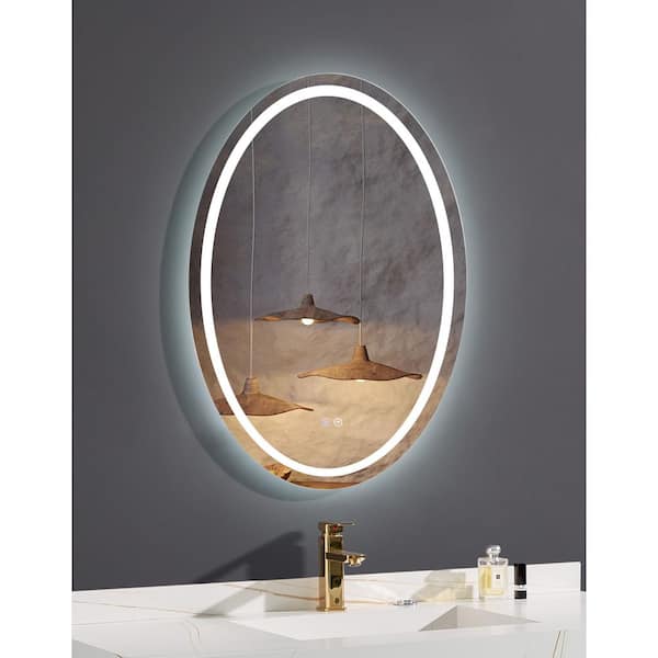 Unbranded Vanity Trident 24 in. W x 32 in. H Oval frameless LED Wall mount Bathroom Vanity Mirror with Touch Dimmer
