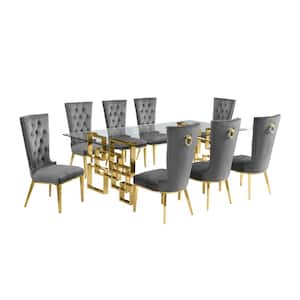 Dominga 9-Piece Rectangular Glass Top Gold Stainless Steel Dining Set with 8 Dark Grey Velvet Gold Stainless Steel Chair